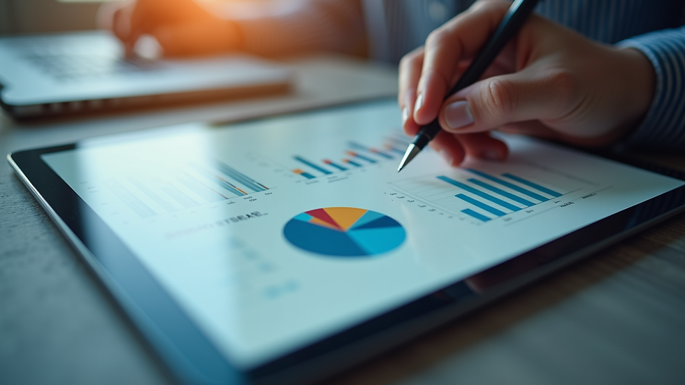 Close-up view of a tablet showing financial graphs and charts