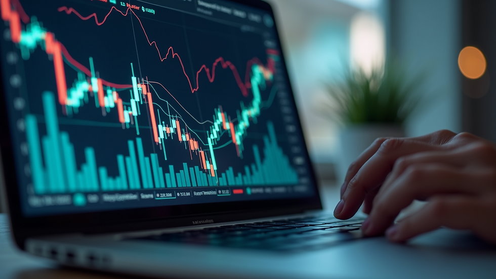 Close-up view of a laptop screen showing financial graphs and charts