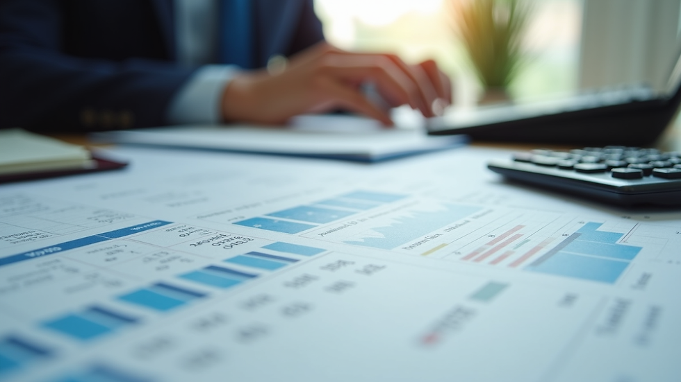 Eye-level view of a business desk with financial documents and calculator