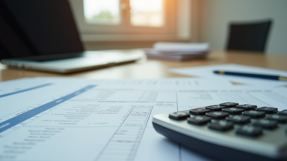 Eye-level view of a desk with tax documents and calculator