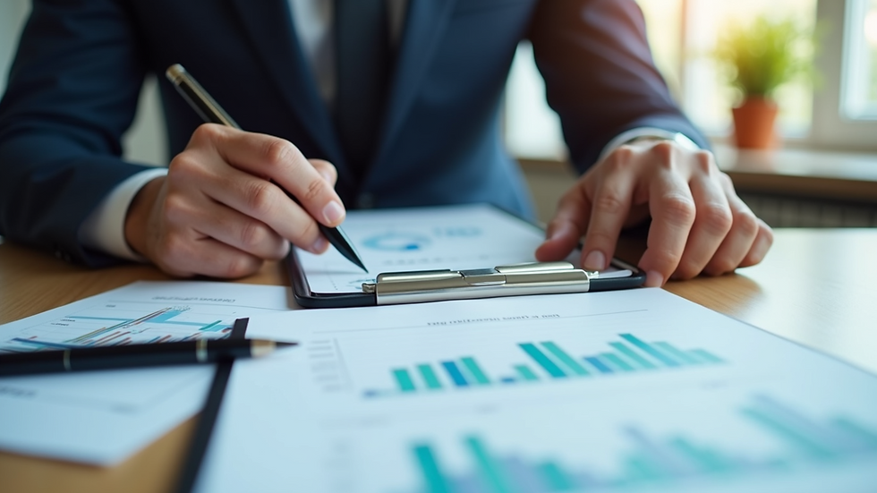 Close-up view of a business owner reviewing financial charts