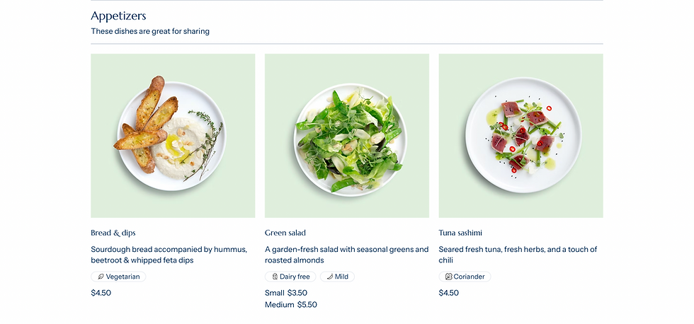 Appetizer menu mockup for a web design portfolio.