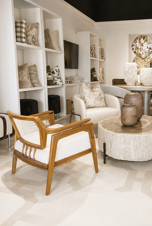Modern furniture gallery with neutral-toned seating.