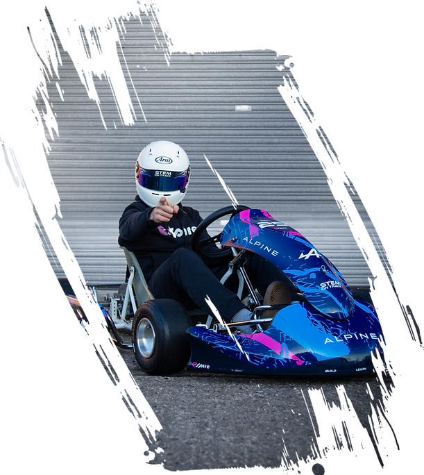 STEM racing kart in BWT Alpine F1 branding