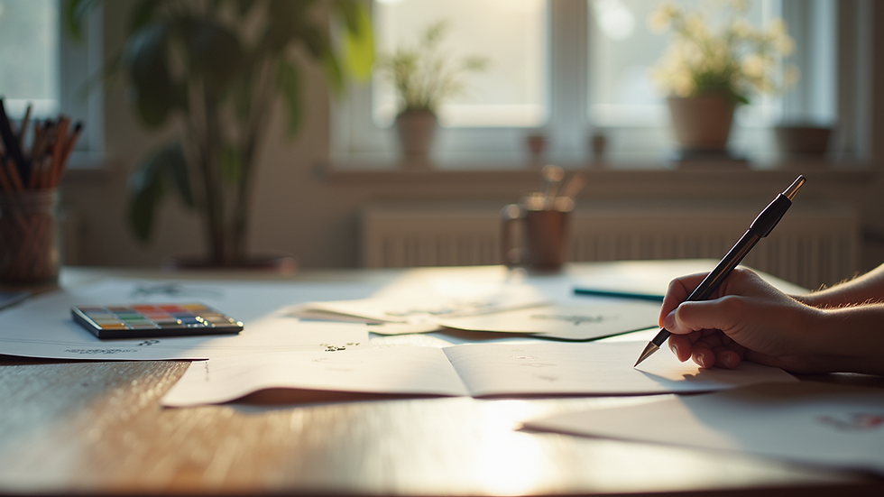 Eye-level view of a creative workspace with design materials