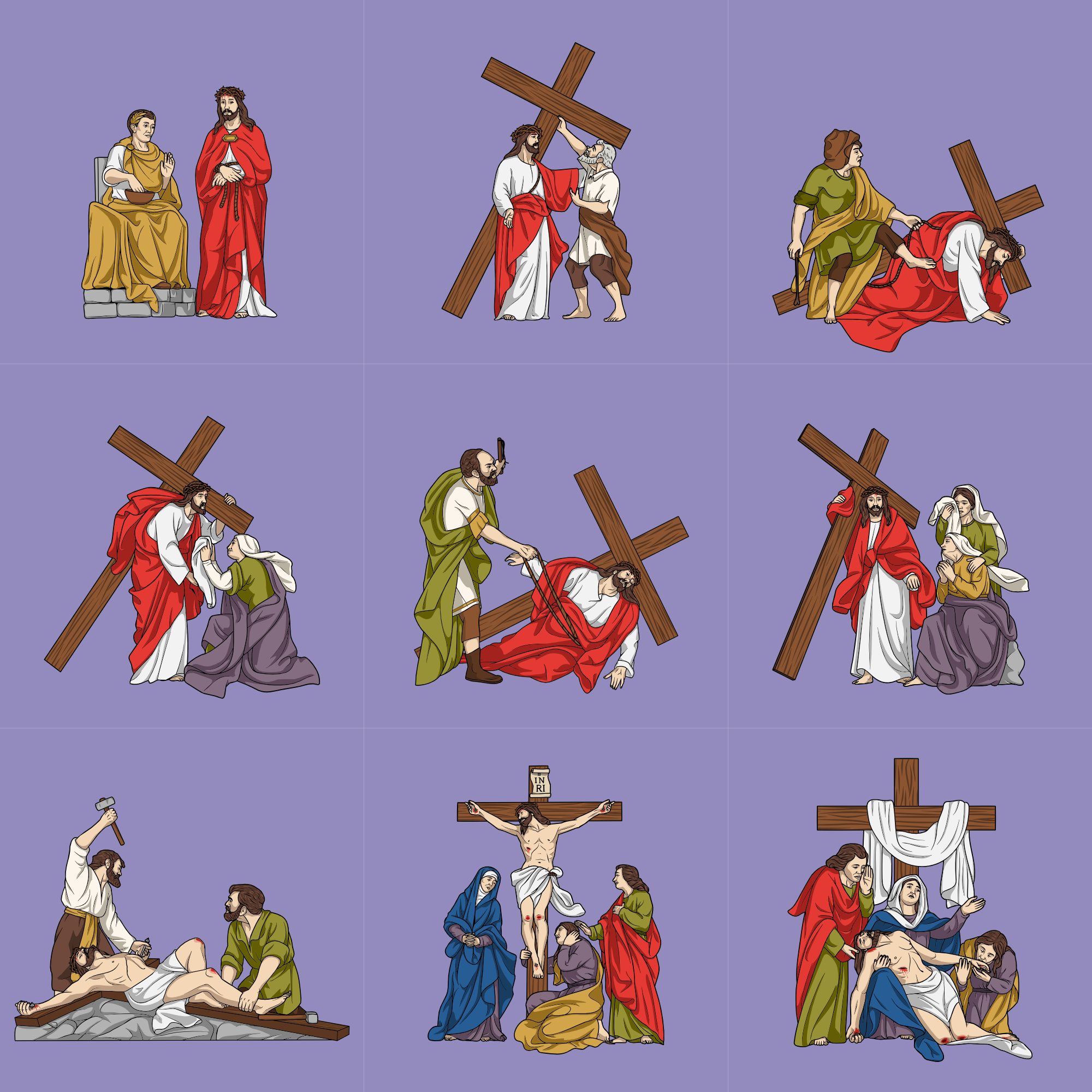 15 Estações da Via Sacra Completa Ilustração Vetorial Colorida