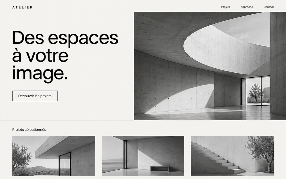 Maquette de site web minimaliste présentant une offre digitale et des visuels architecturaux