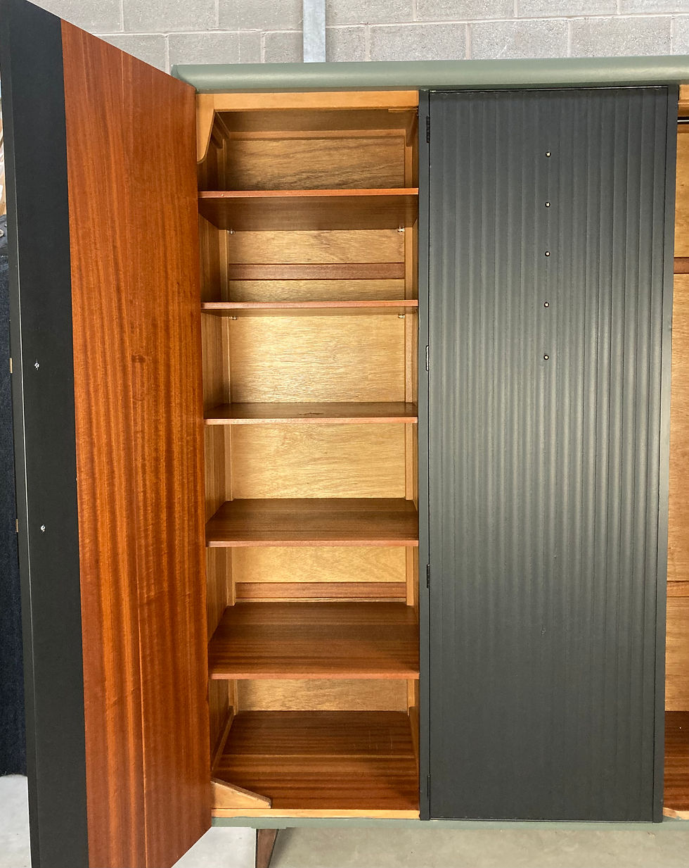 Thumbnail: Retro Mid Century  Lebus Link Triple Wardrobe in Wood, Green and Black