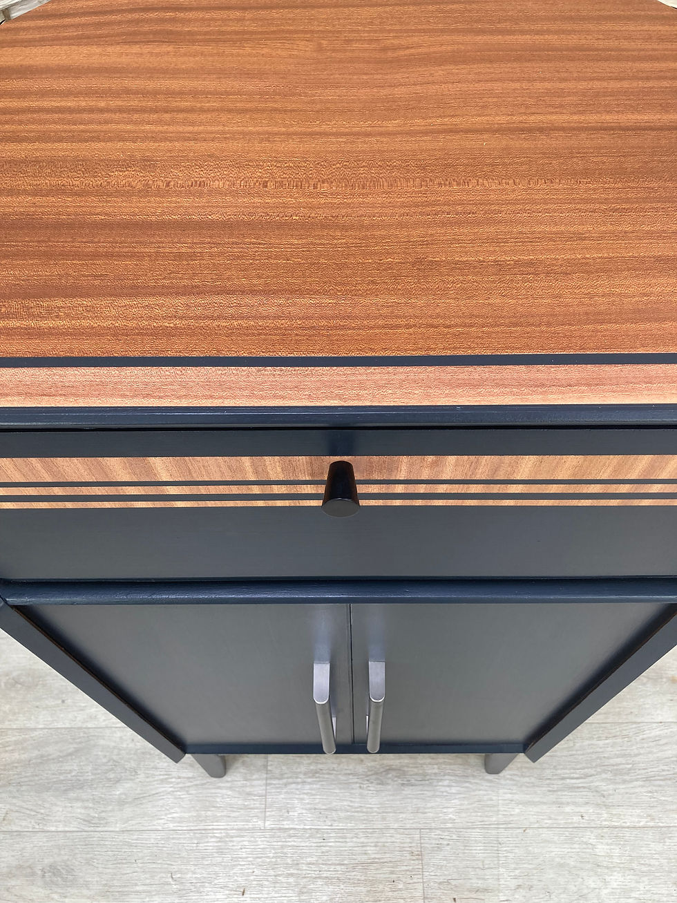 Thumbnail: SOLD!   Nathan Corner Bureau, Mid Century Modern, Painted in Dark Blue - Nathan