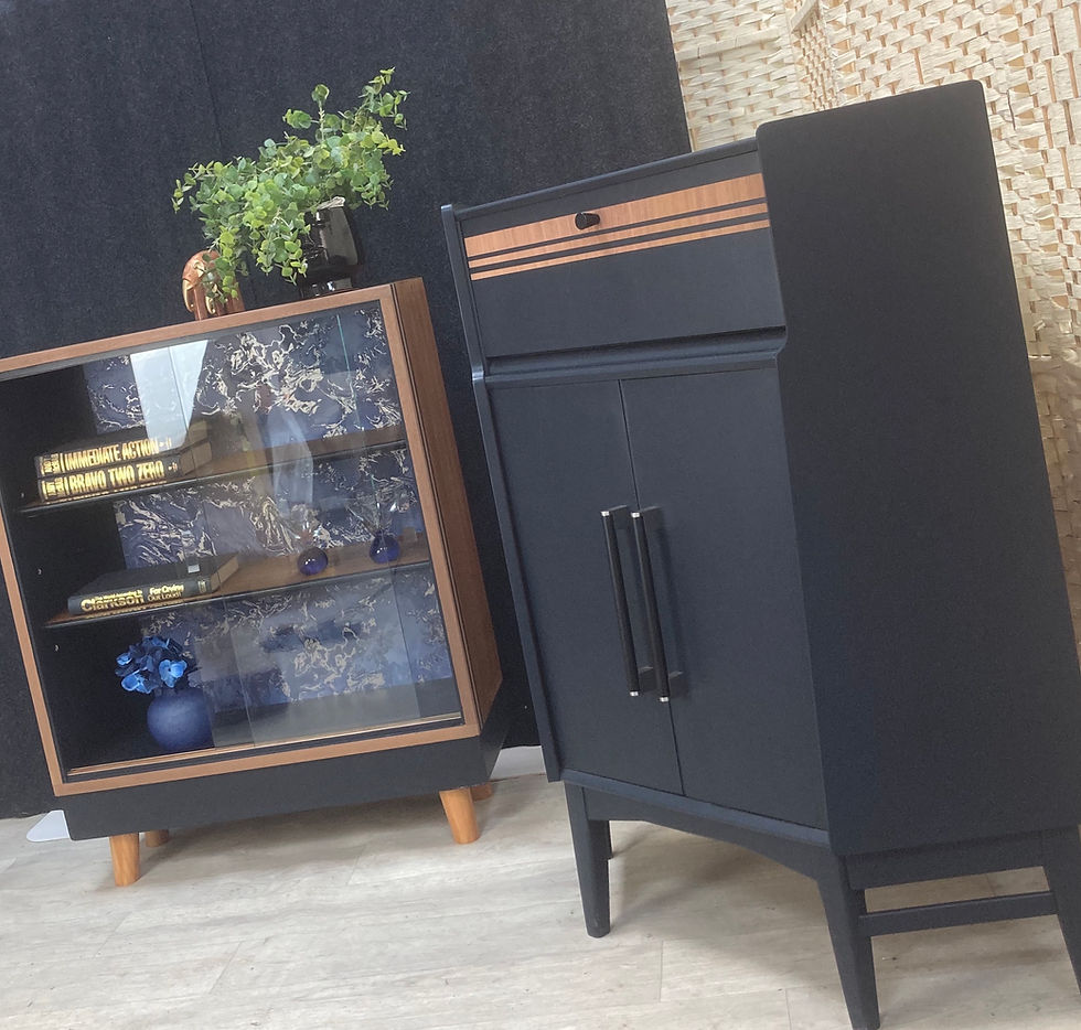 Thumbnail: SOLD!   Nathan Corner Bureau, Mid Century Modern, Painted in Dark Blue - Nathan