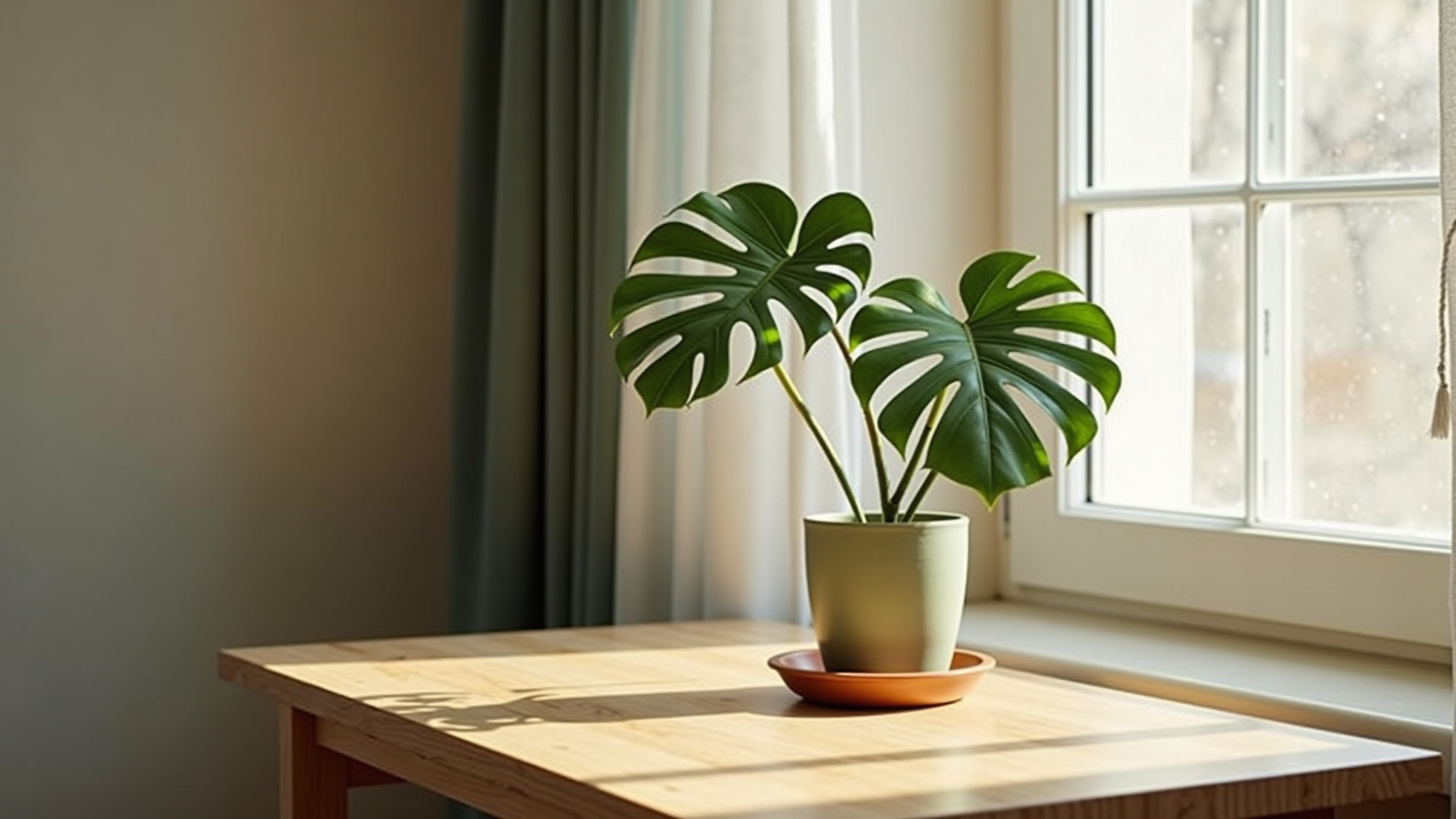 A soft-focused photo of a bold green plant in calm, natural light — capturing a quiet, grounded atmosphere.