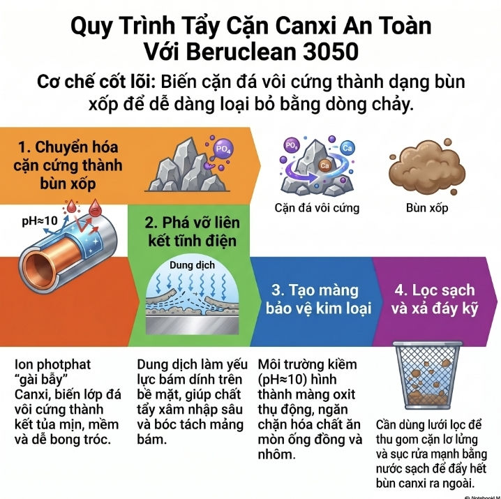 Quy trình tẩy cặn canxi an toàn cho máy ép nhựa & dàn trao đổi nhiệt nước (Beruclean 3050)
