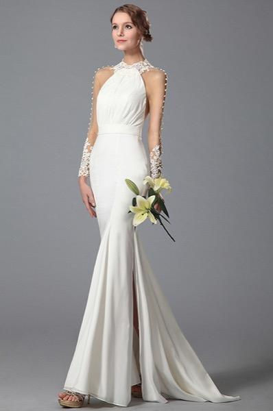 Thumbnail: White Trumpet Long Sleeve Evening Dress Wedding Gown