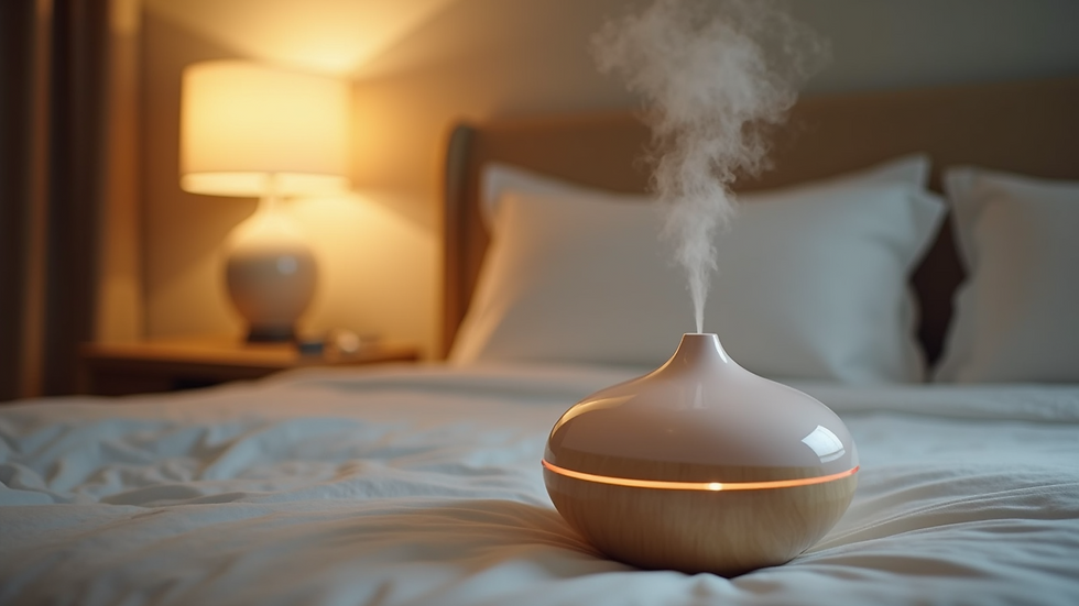 Eye-level view of a diffuser emitting mist on a bedside table