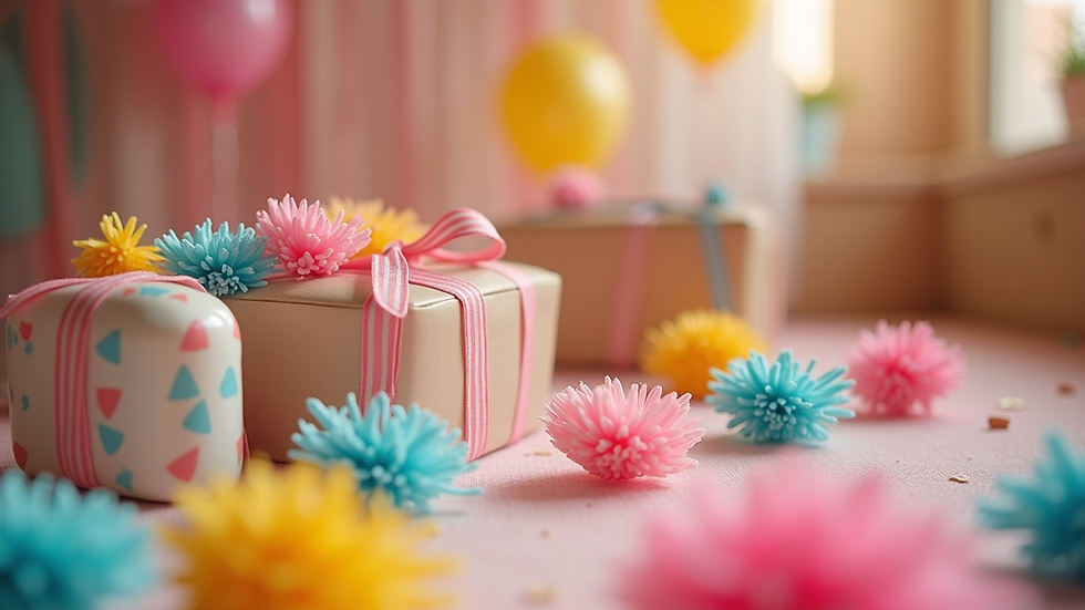 Close-up view of a beautifully arranged party kit with colorful decorations