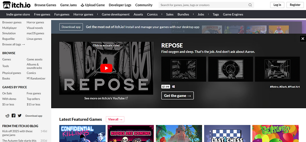 Itch.io homepage with "REPOSE" game ad. Features black and white art