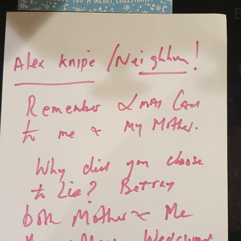 Neighbour / Lawyer Alex K , betrays Pitt Cottage Owner / Matriarch of 92 years. Mary Teresa.  