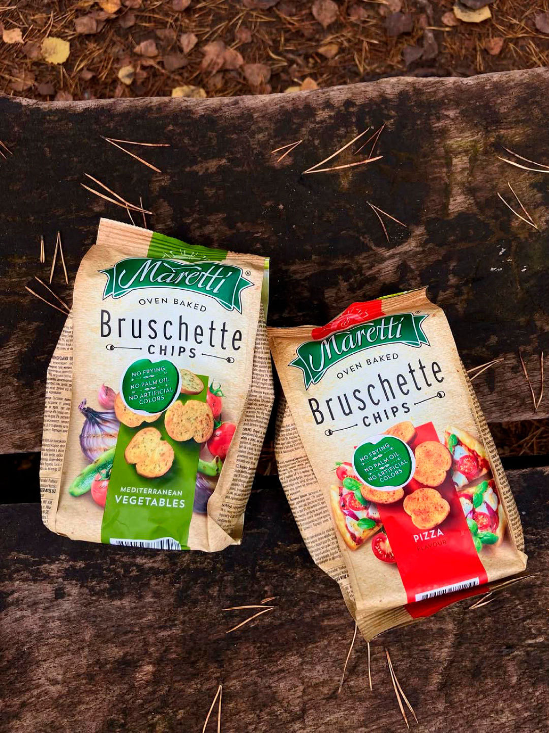 Two Maretti snacks placed on a wooden bench