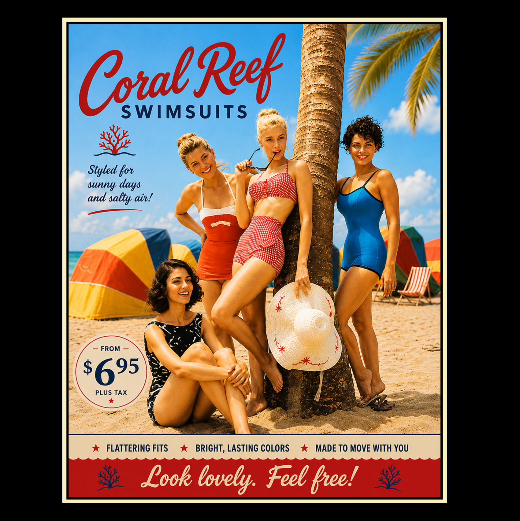 1940s Coral Reef Swimsuits Poster – Vintage Pin-Up Glamour Ad