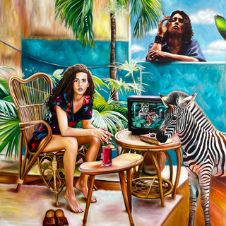 This large diptych has an immediate impact on the observer.  One gets the feeling that the real protagonists of the scene are the three painted characters who observe us.  The lateral mirror has a decisive effect of disorientation of the observatory.  The touch of magic is added by the little zebra that moves freely inside the house.  Another element of irony and bewilderment is the TV with a scene from the film "Madagascar", King Julien and his sons indicate the Zebra with surprised faces!
 In the centre, the house opens onto a blue sky with white clouds where a solitary palm and a banana tree stand out.
