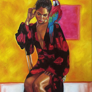 A woman sitting with a colorful parrot. The background is inspired by the abstract painter Mark Rothko.