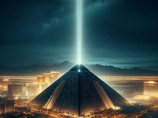 Nighttime view of the Luxor Hotel and Casino in Las Vegas, Nevada, featuring the massive black pyramid illuminated against the dark desert sky with its iconic beam of light shooting upward, symbolizing the eerie legends and haunting stories tied to the famous resort.
