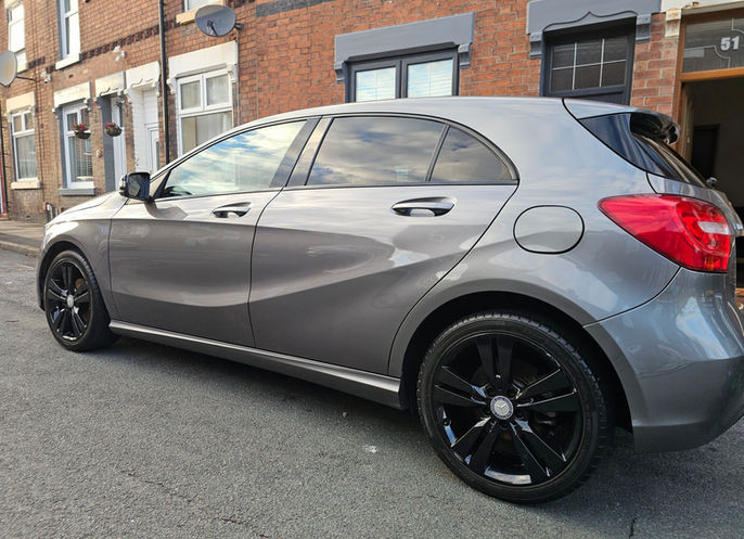 Grey Mercedes A-Class side view after car detailing