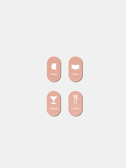 4 tactile signs for mugs, cups, glasses, and cutlery
