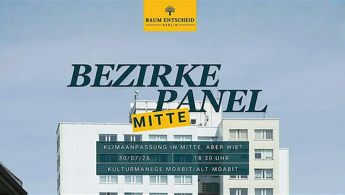 Schriftzug "Bezirke Panel Mitte" mit BaumEntscheid-Logo, im Hintergrund ein Wohnblock