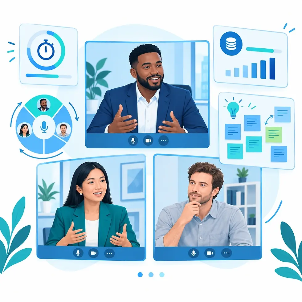 Digital illustration of a professional video conference meeting with three diverse participants. The scene features data charts and productivity icons, conveying a collaborative and efficient virtual work environment.