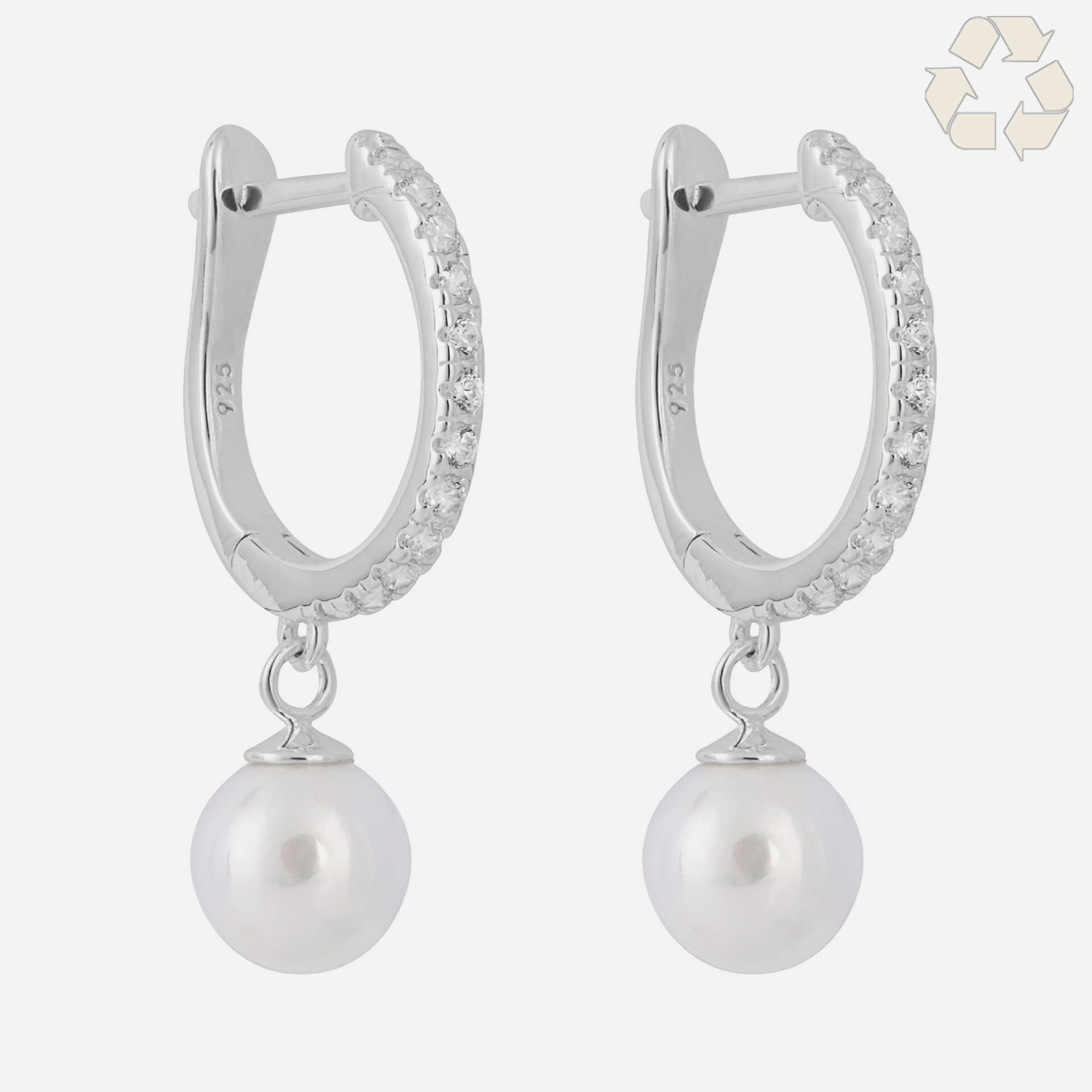 Pave Cubic Zirconia Hoop Earrings with Pearl Drop Charm