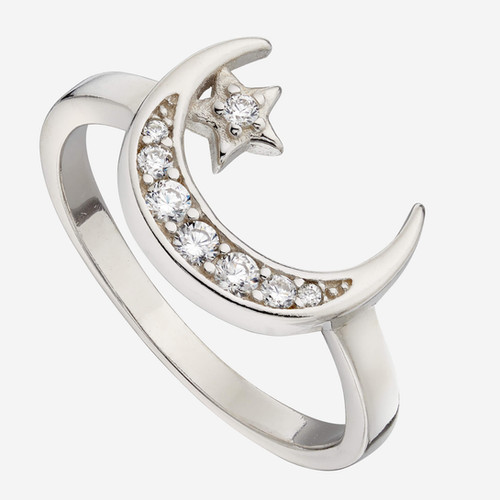 192586c01 Pave Set Crescent Moon and Star Ring with Cubic Zirconia | Primrose Hill