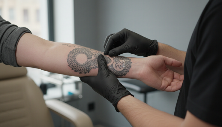 Close-up of an old faded tattoo on an arm being examined before a cover-up consultation.