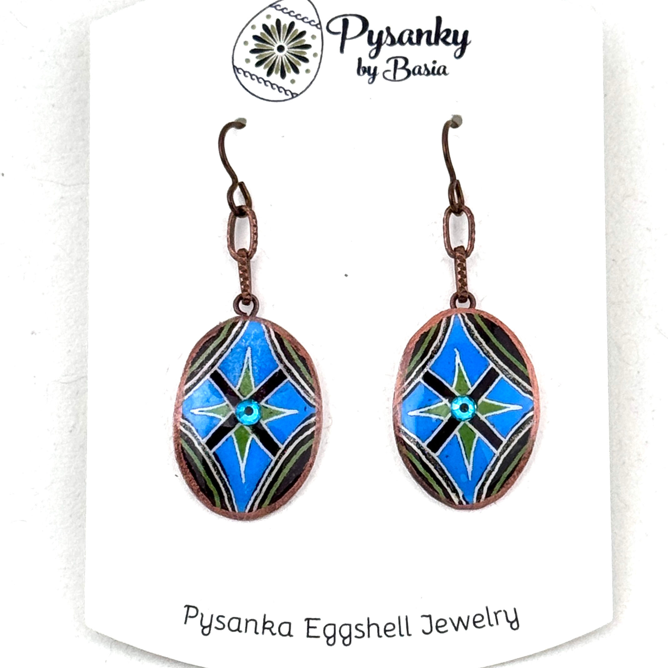 A783 - Pysanka  Earrings  - Blue/Green 4pt Star w Blue Gem