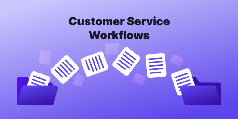Files move between folders on a purple background. Text reads "Customer Service Workflows," with a dynamic, organized feel.