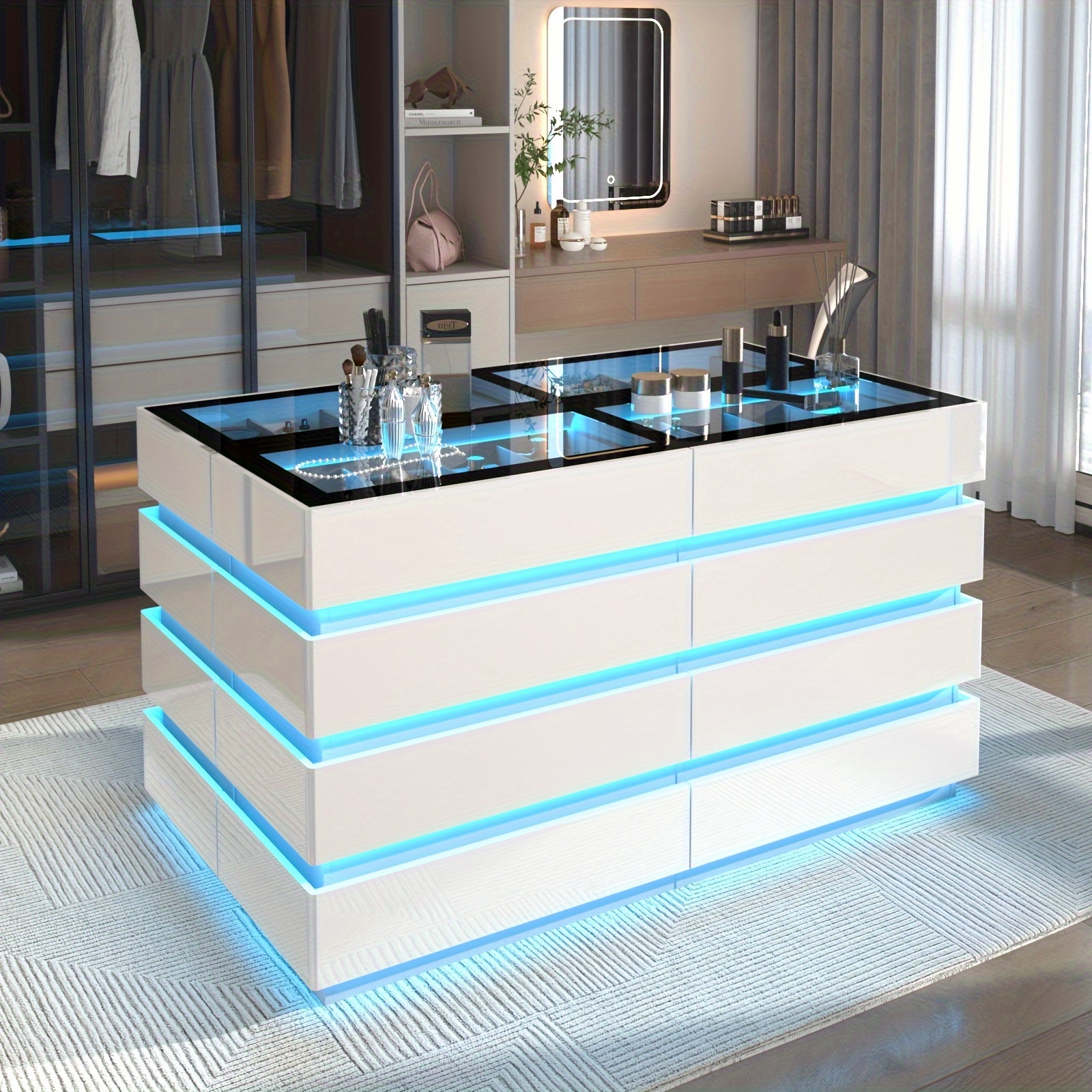 Modern 8-Drawer Dresser with Glass Top, High Gloss White Chest of Drawers, RGB L