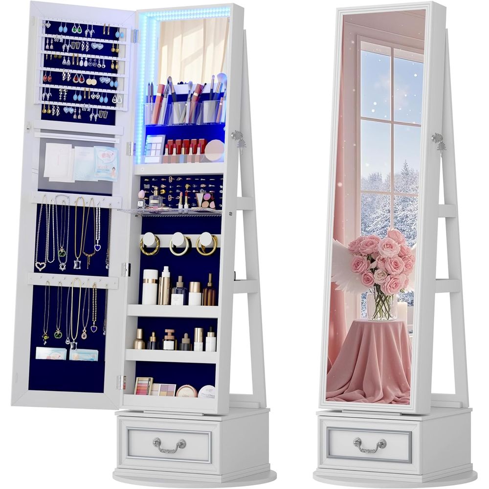 360° Swiveling Jewelry Cabinet with Full-Length Mirror, Lockable Door, LED Ligh