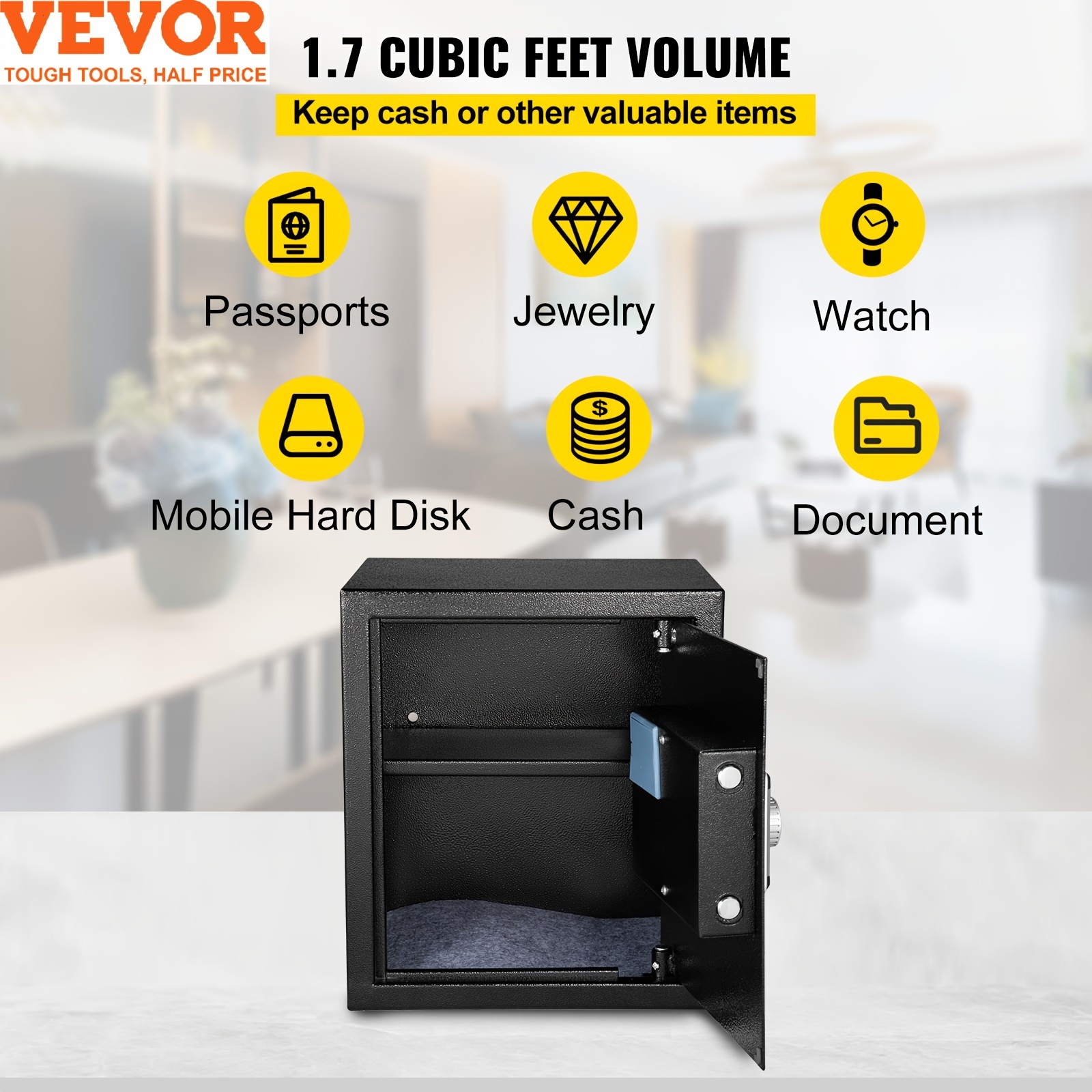 VEVOR Security Safe 1.7 CU.FT Fingerprint Safe Box for Money W/ 2 Keys &amp; Digital