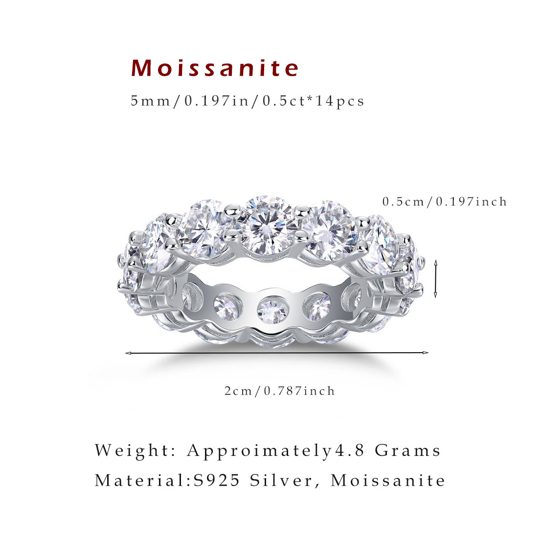 Luxury 5mm Moissanite Full Eternity Ring 925 Sterling Silver Wedding Band Classi