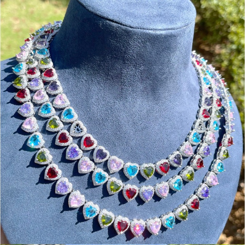 Men's Hip-Hop Style Pink &amp; Multicolor Heart-Shaped Cubic Synthetic Zirconia Neck
