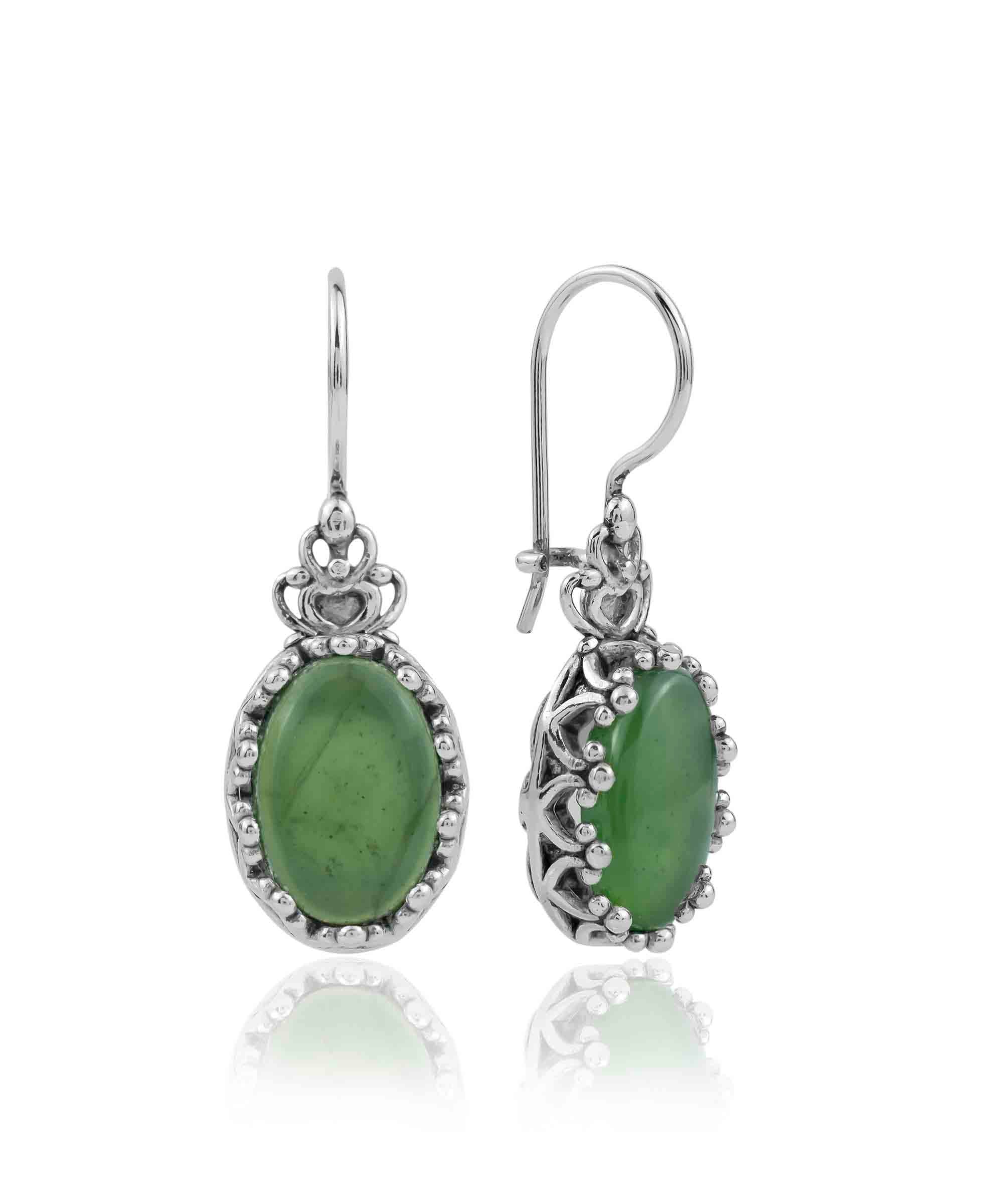 Filigree Art Serpentine Gemstone Crown Figured Women Silver Oval Drop