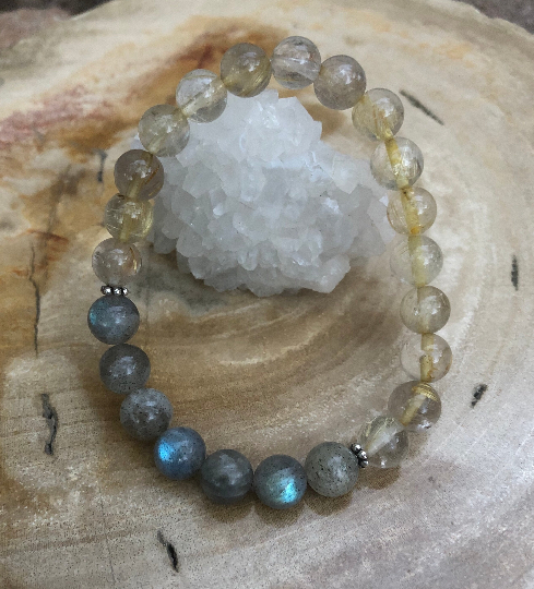Citrine &amp; Blue Flash Labradorite Stretch Bracelet! Natural Gemstones!