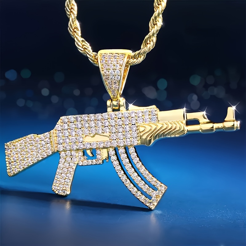 Personalized AK47 18K Gold Plated Rifle Charm HIP HOP Punk Jewelry Rope Chain ZI