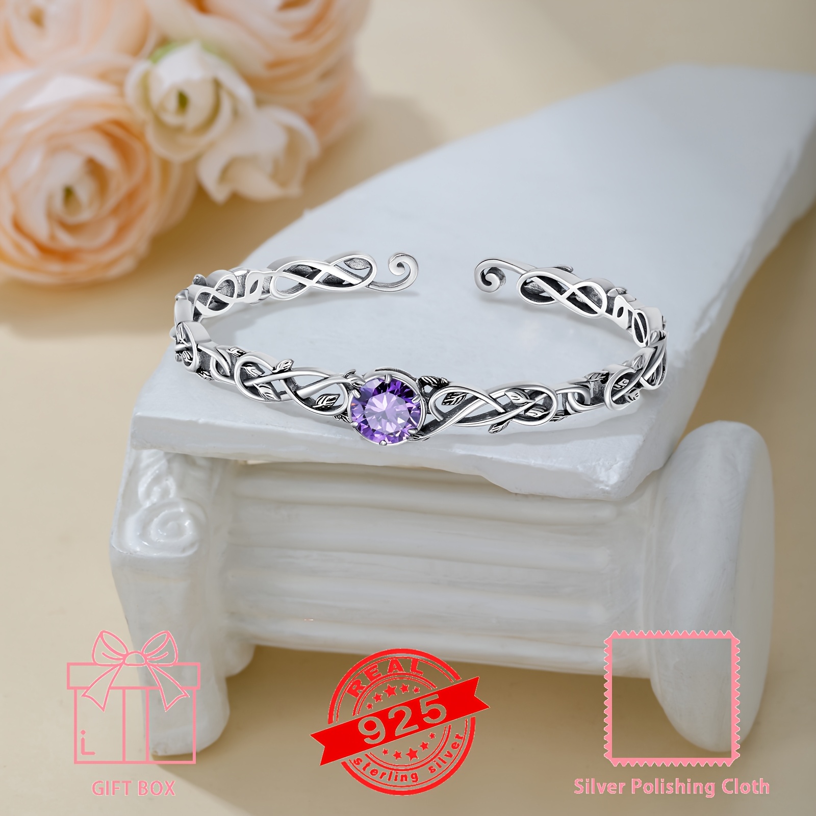 Natural Amethyst Cuff Bracelet Silvery Dainty Adjustable Round Amethyst Wrap Vin