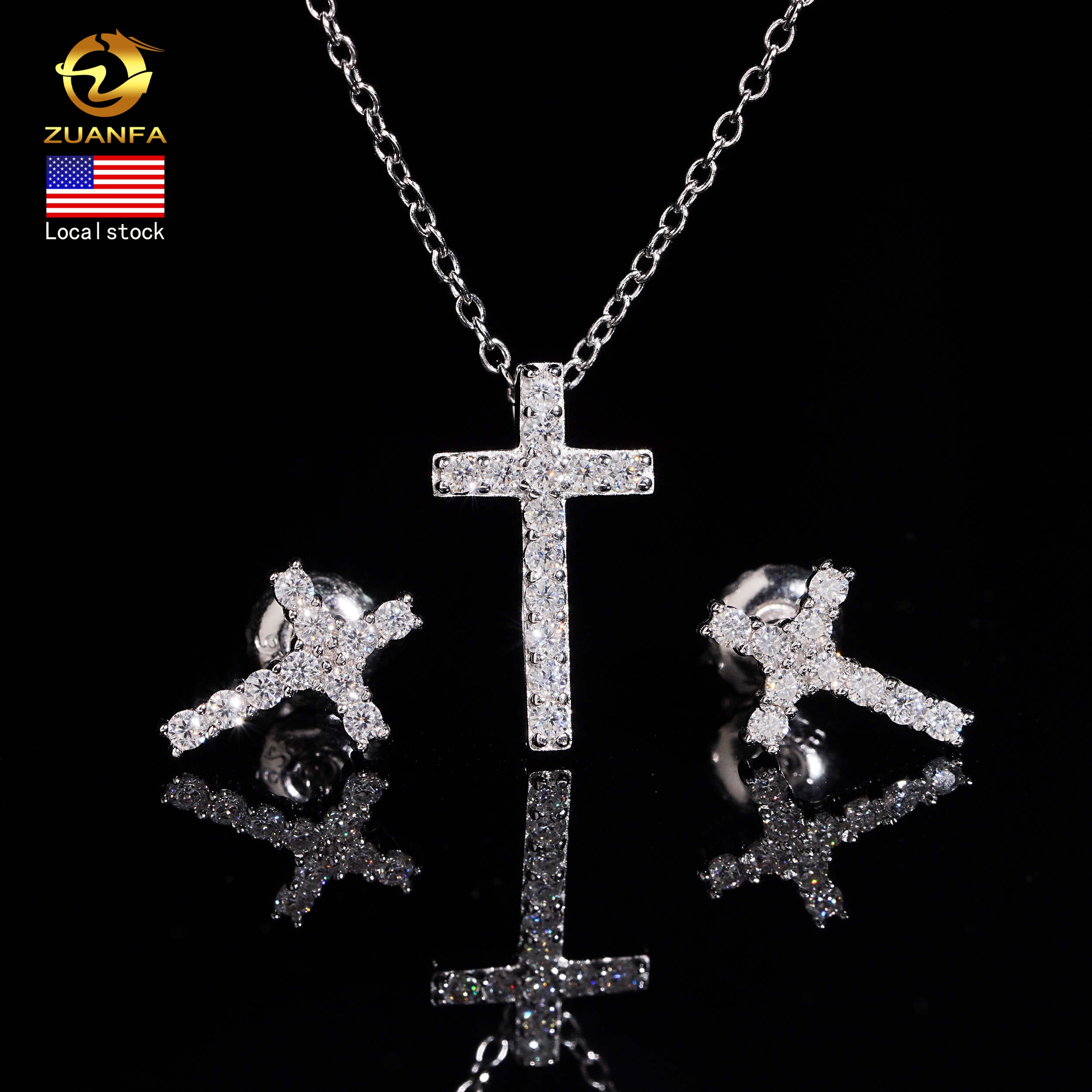 USA Stock Iced Out Cross Necklace Earring Stud Set Moissanite Hip Hop Jewelry 92