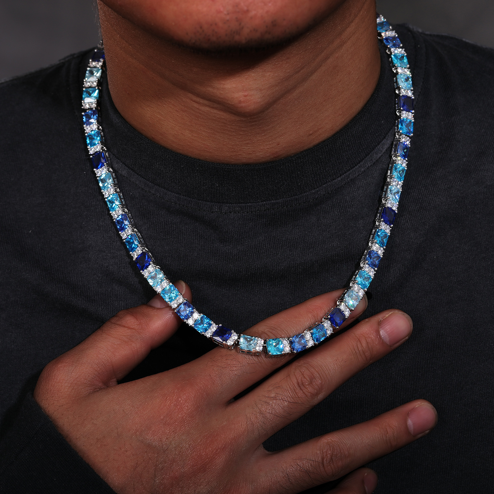 Men's Hip-Hop Tennis Chain Necklace - Luxury Ombre Blue CZ -like Beads, Brass Je