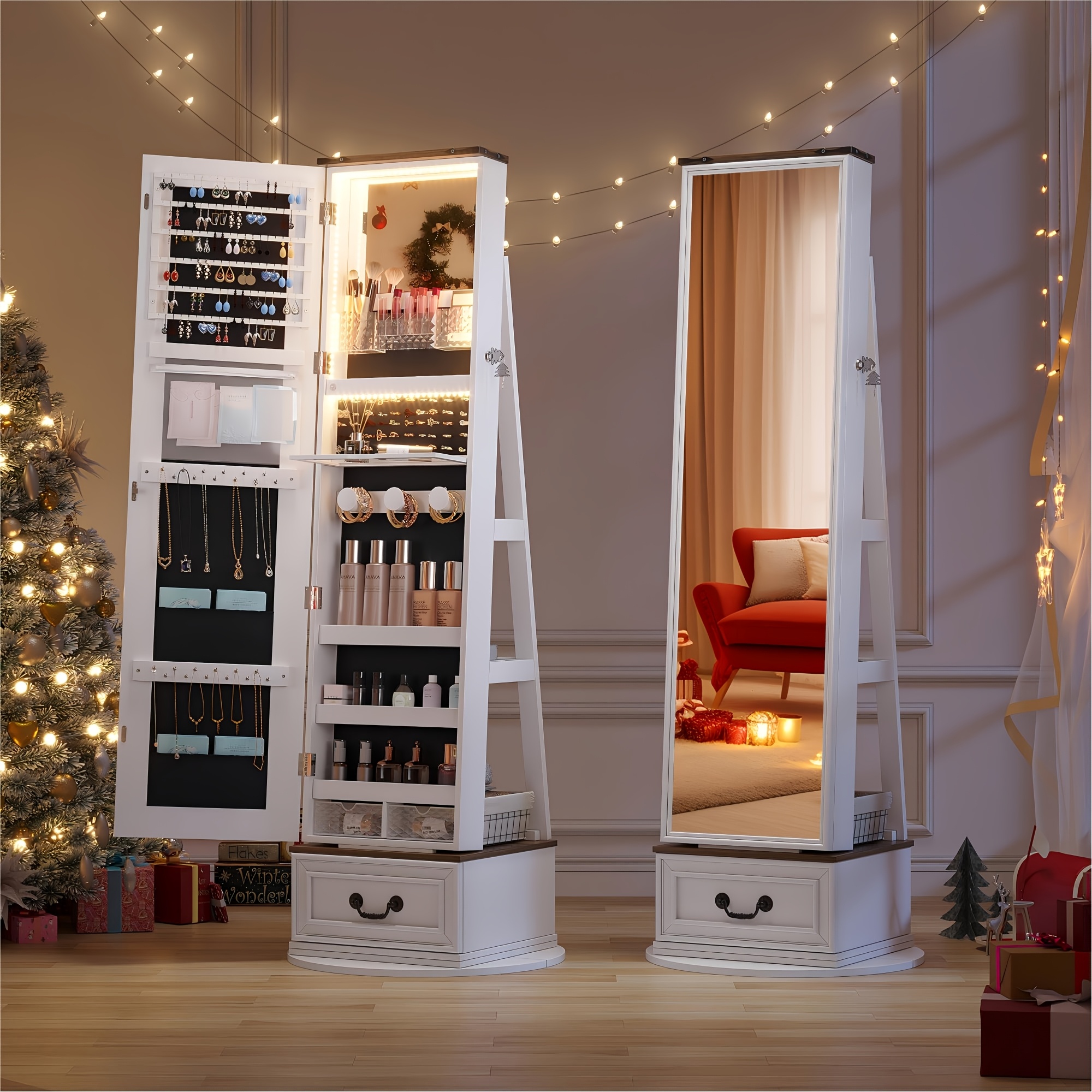 Lockable Vintage-Inspired 360° Swivel Jewelry Mirror Cabinet with Lights - Full