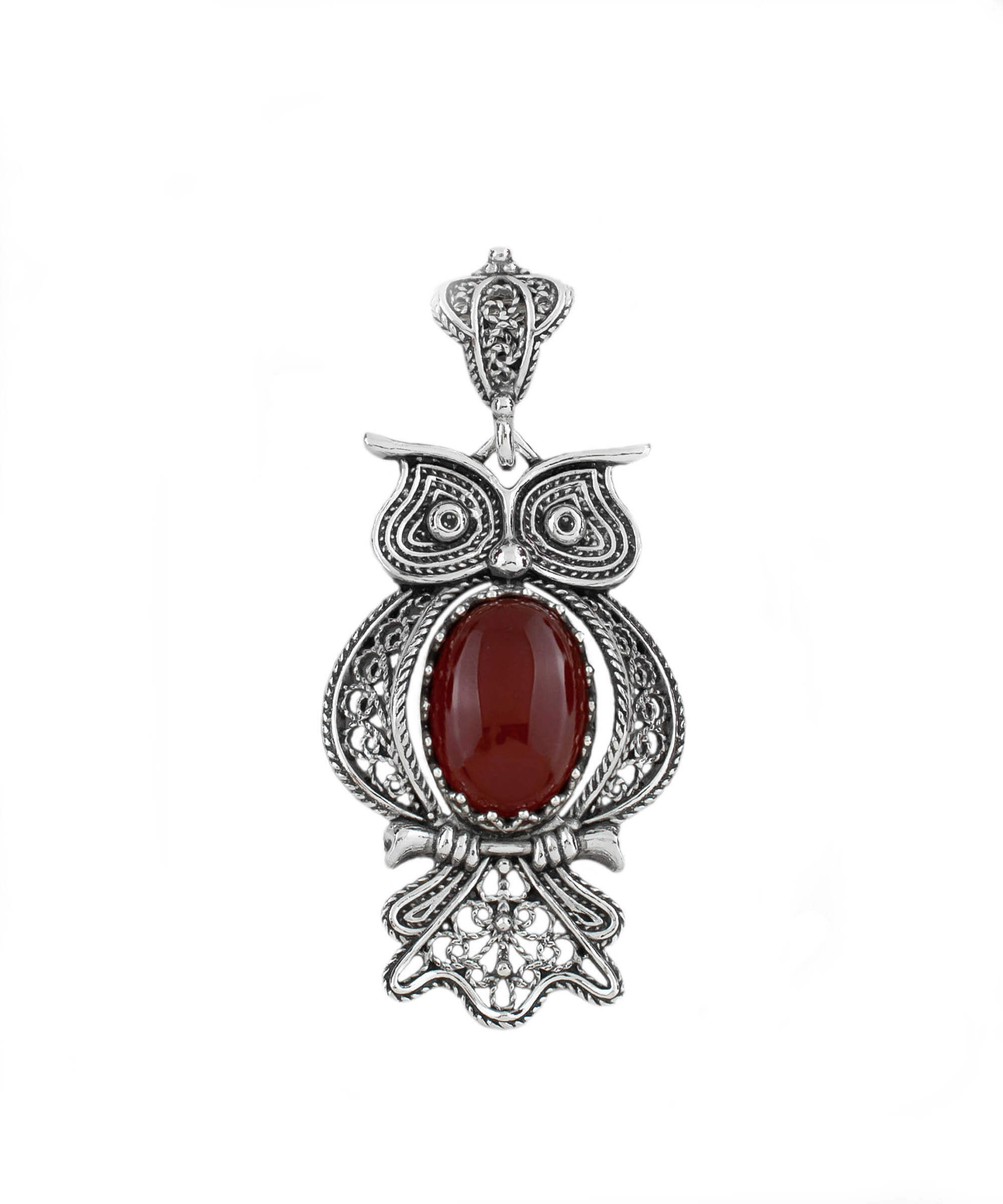 Filigree Art Owl Figured Carnelian Gemstone Women Silver Pendant