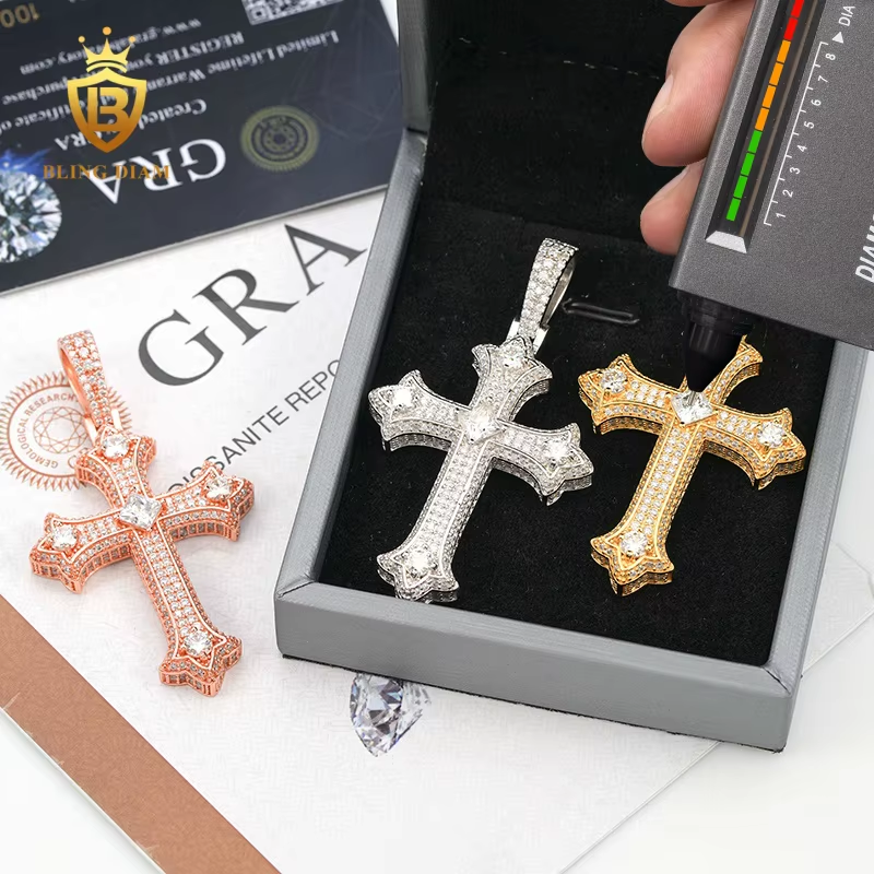 USA Stock Luxury Jewelry 925 Sterling Silver Hip Hop Moissanite Cross Pendant Fa