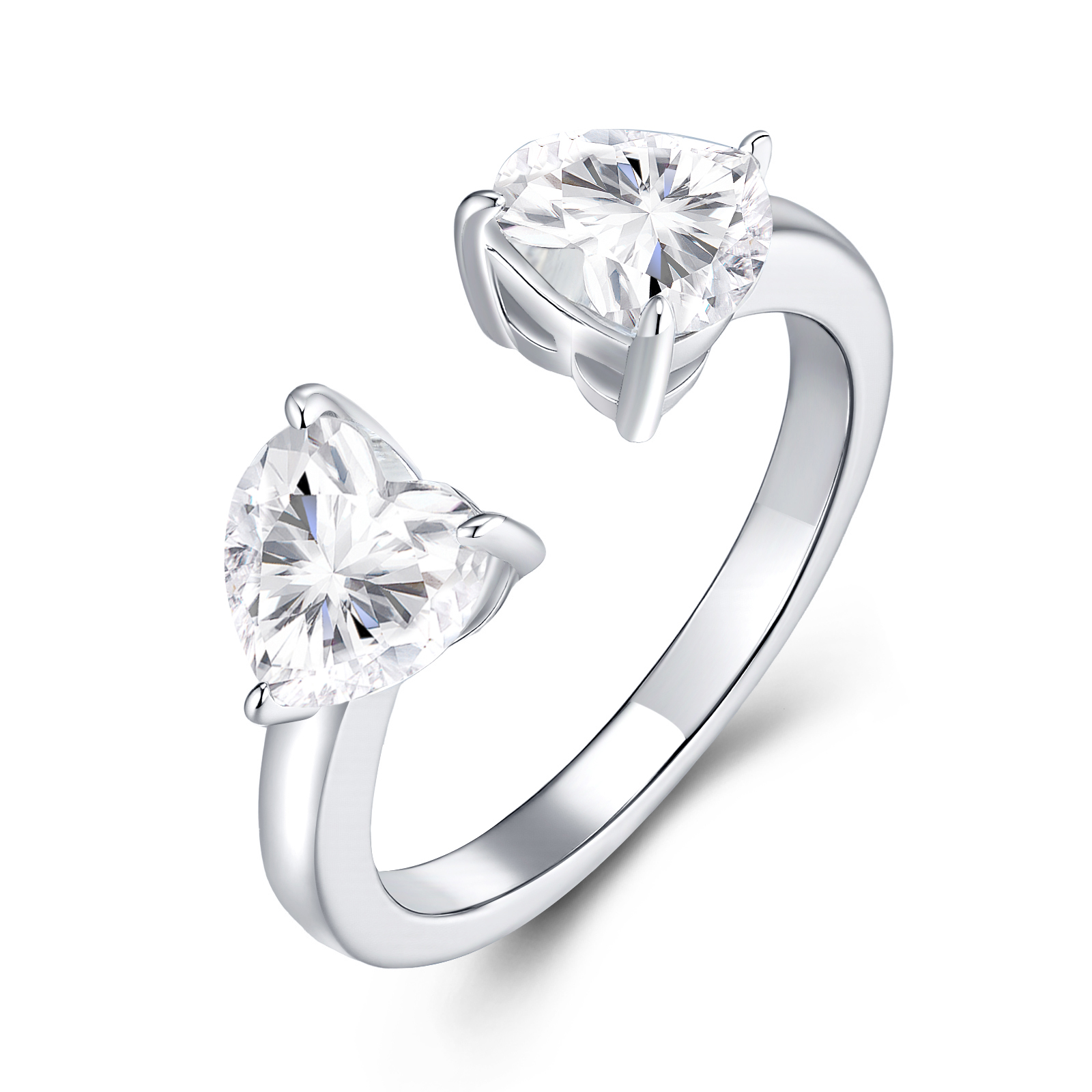 18K Gold Plated 3.71CTW Moissanite Open Ring Heart Cut Double Stone 925 Sterling